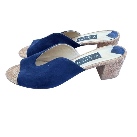 Viajiyu Blue Suede Peep Toe Sandals W/Woven Block Heel For Women Size 37- LT3246 - Picture 3 of 4